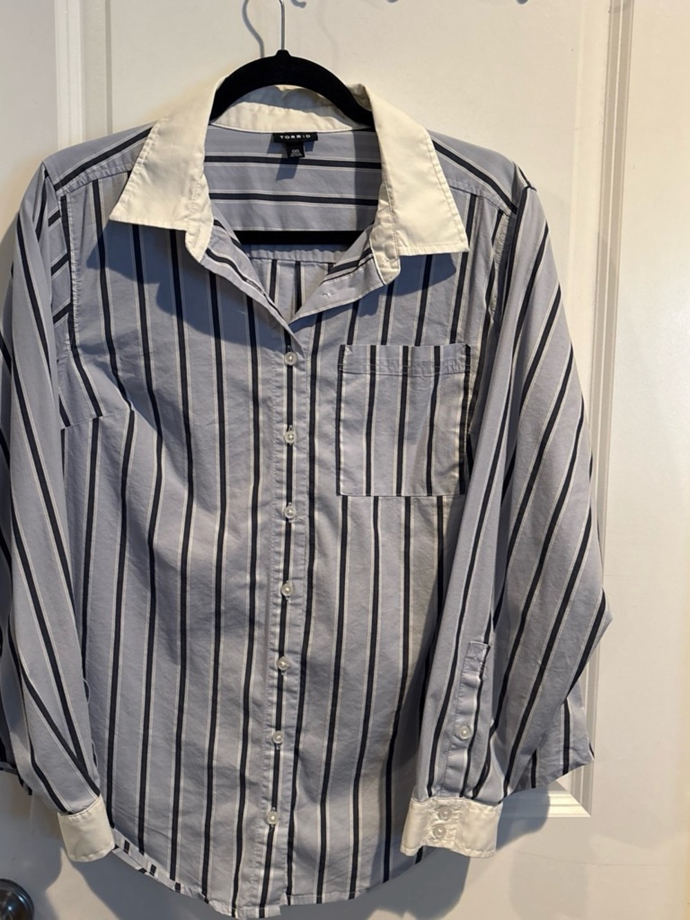 Torrid Lizzie White and Blue Vertical Stripe Button-Up Blouse
